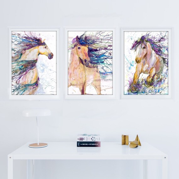 Horse Wall Art Watercolor Painting Set Of 3 Prints Equestrian | Etsy