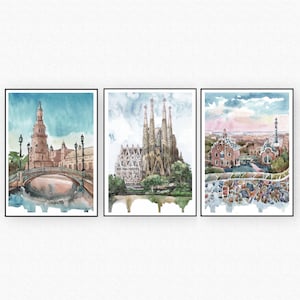 Spanish Art Set of 3 Prints - Barcelona, Madrid, Seville Spain poster, Travel Watercolor Painting Landscape wall art, European city Artwork
