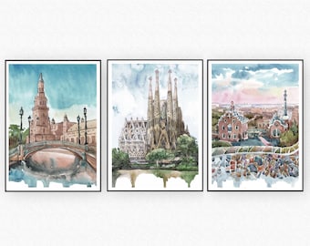 Spanish Cityscape Watercolor Print Set: Barcelona, Madrid, Seville