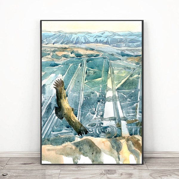 Nazca lines Peru Art Print, Watercolor Painting, Skyline , Landscape  - Travel Poster Earth power Sacred Site print