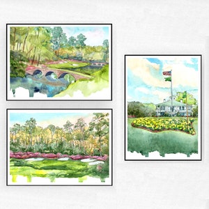 Augusta Golf Art Set of 3 Prnts, Golf club Watercolor Painting, Golf gifts for men Augusta posters