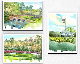 Augusta Golf Art Set of 3 Prints, Golf club Watercolor Painting, Golf gifts for men Augusta posters