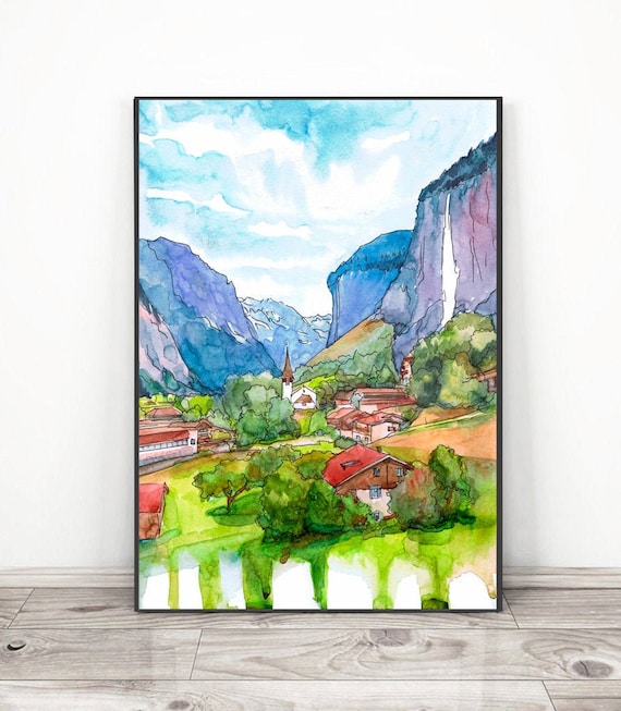 絵画 slide ラウターブルンネン - スイス 絵画 スイスアルプス 山 壁画、水彩風景