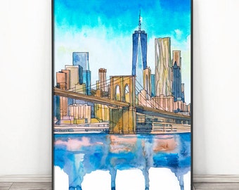 NYC Wall Art - New York Skyline - Acuarela Cityscape Landscape Painting, Travel Poster