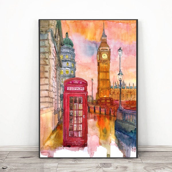 Art de la ligne d'horizon de Londres, aquarelle peinture Big Ben, impression d'art mural Londres thème britannique, paysage urbain abstrait