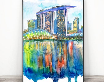 Singapur Kunstdruck, Stadtlandschaft Wandbild Aquarell Malerei, Asiatisches Reiseposter - Singapur Skyline Orientalische Landschaft, Stadtdruck