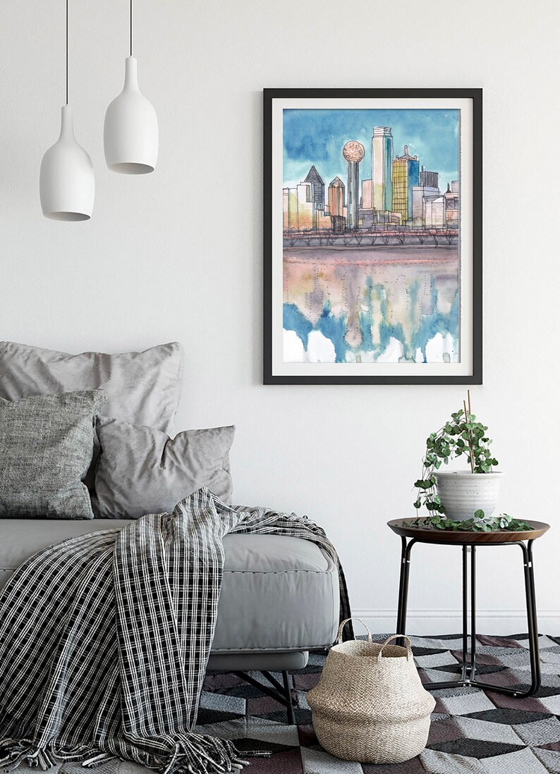 Dallas Skyline Wall Art Cityscape Watercolor Painting Print Etsy
