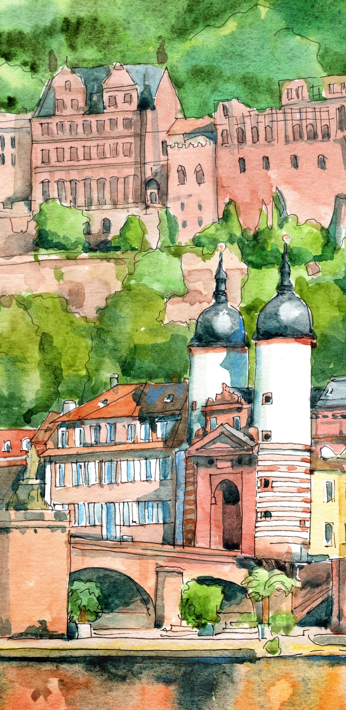 油彩 風景画「ドイツハイデルベルク旧市街の城と橋 」油絵 ハイデルベルクの絵画、ドイツ 水彩画、ヨーロッパの城の壁アート
