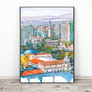 San Jose California Art Print Skyline Aquarel schilderij, Californië Landschap, Zonsondergang Cityscape Travel Poster