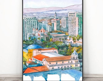 San Jose California Art Print Skyline Watercolor Painting, California Landscape, Sunset Cityscape Travel Poster