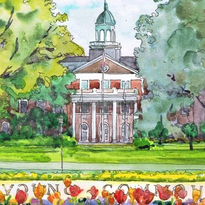 K&ouml;nnte beinhalten: Ein Aquarellbild eines Geb&auml;udes mit einer gr&uuml;nen Kuppel und einem wei&szlig;en Schild mit der Aufschrift "TOWN COMMON". Das Geb&auml;ude ist von gr&uuml;nen B&auml;umen und einem Feld mit roten, orangefarbenen und gelben Tulpen umgeben.