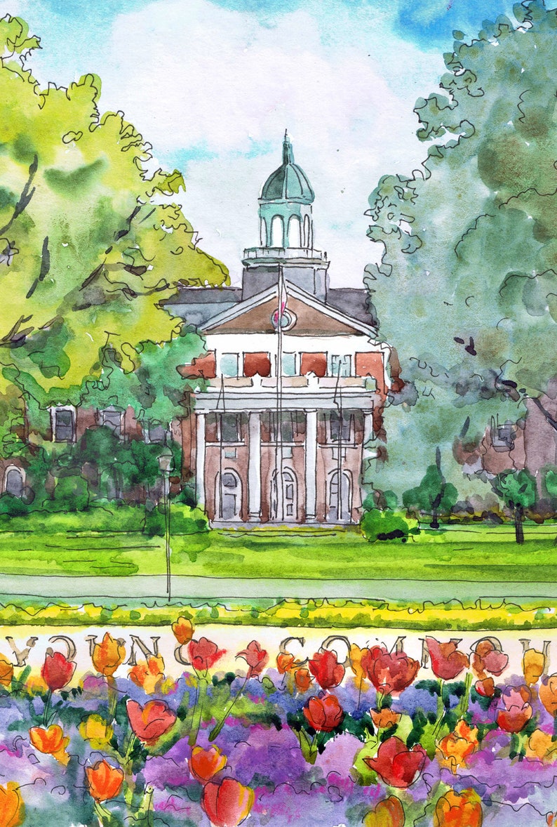 K&ouml;nnte beinhalten: Ein Aquarellbild eines Geb&auml;udes mit einer gr&uuml;nen Kuppel und einem wei&szlig;en Schild mit der Aufschrift "TOWN COMMON". Das Geb&auml;ude ist von gr&uuml;nen B&auml;umen und einem Feld mit roten, orangefarbenen und gelben Tulpen umgeben.