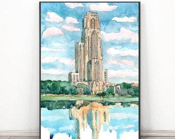 University of Pittsburgh Print Watercolor Cathedral of Learning painting, Pitt graduation university poster, Oakland Cityscape wall art