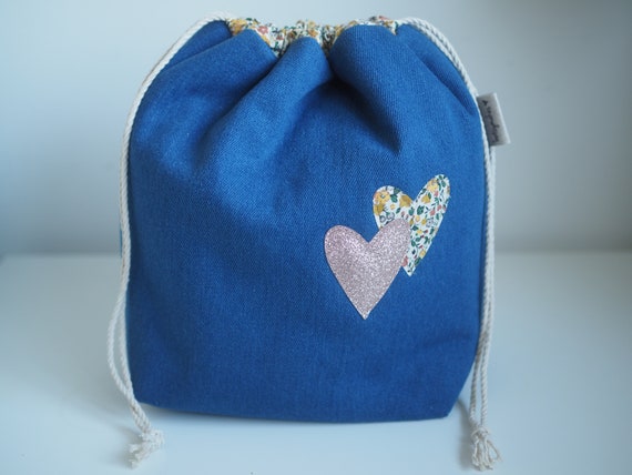 Denim Hearts Drawstring Project Bag
