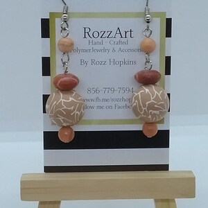 Polymer clay handmade beige & white dangle earrings. With Natural Stone beads Hypoallergenic Surgical steel French hooks for sensitive ears.