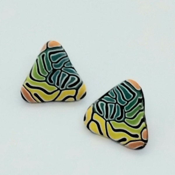 Polymer clay medium size triangle studs. Avant-garde style. Peach Blue Green Yellow Black and White. Surgical steel posts for sensitive ears