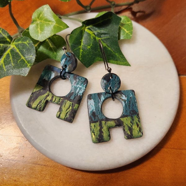 Polymer clay earrings. Irridescent green and teal abstract square donut statement earrings for women.  Surgical steel French ball hooks.