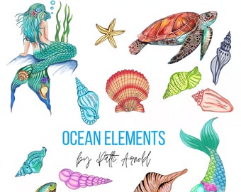 Ocean Elements - Mermaids Shells Sea Turtle Clipart - Instant Download