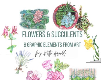 Flowers and Succulents - Nature Clipart - Instant Download