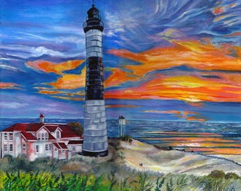 Dramatic Sunset Lighthouse Print | 8×10 Printable Painting | Ocean Wall Decor
