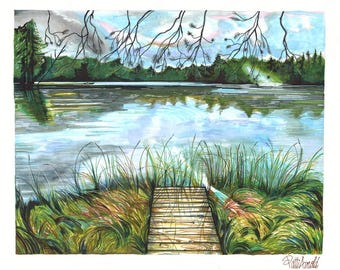 Lakeside Marker Painting | Peaceful Rustic Landscape Printable | 4000×3233 Digital Download