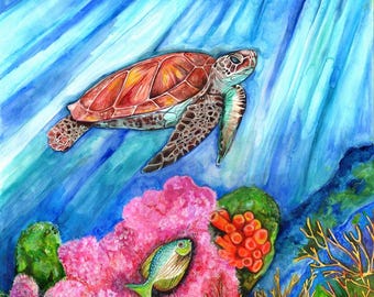 Sea Turtle Watercolor and Marker Painting  Underwater Ocean Art Printable Digital Download