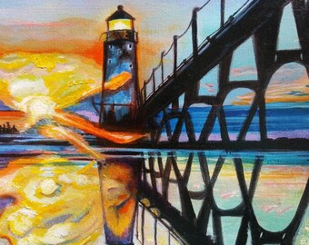 Manistee Lighthouse Sunset Painting | 8×10 Printable Wall Art | Coastal Digital Download