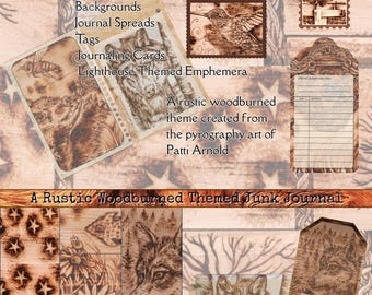 Wild Spirit Woodburned Junk Journal Kit — Printable PDF from Original Pyrography Art by Patti Arnold