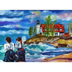 Puede incluir: Una pintura al óleo representa a dos figuras mirando un faro y una casa con tejado rojo. La escena se desarrolla en una costa con olas rompiendo bajo un cielo azul nublado. La obra está firmada.