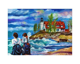 Point Betsie Lighthouse Acrylic Painting – Nostalgic Beach Scene with Vintage Figures – Lake Michigan Coastal Art
