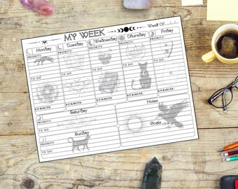 Witchy Weekly Planner Printable • Undated To-Do & Priority Landscape Layout • A4 + US Letter PDF
