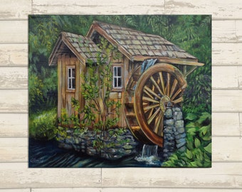 Mill House in the Woods Painting • Rustic Landscape Art • Acrylic on Canvas • Cabin Wall Decor