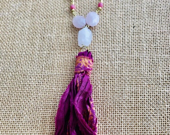 Long Necklace Tassel Gold Bead, Sari Silk, Pink Quartz, Pearl, Czech Glass Bead Necklace, Layering, Wedding, Everyday