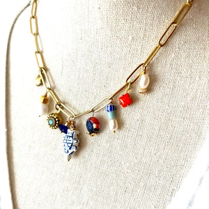 Gold Charm Necklace, Vintage Charms, Fish, Bobbles, Beads, Pearl, Brass, Bib, Beach, Fish, Coastal, Shore, Shell Gift