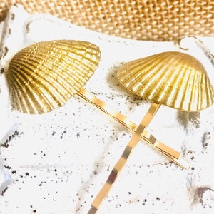 Gold Painted Seashell Hair Pins: Beach Wedding Hair Jewelry (2 pc)