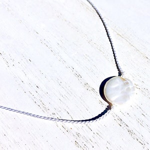 Mother of Pearl Coin Necklace: Sterling Silver Clasp, Silk Cord
