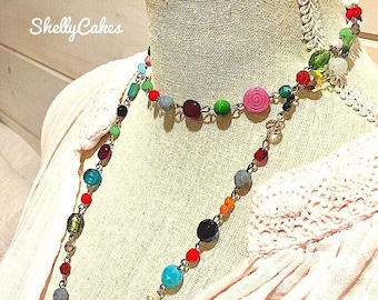 Vintage Inspired Beaded Necklace: Multi Color Czech Glass & Pearl Boho Jewelry