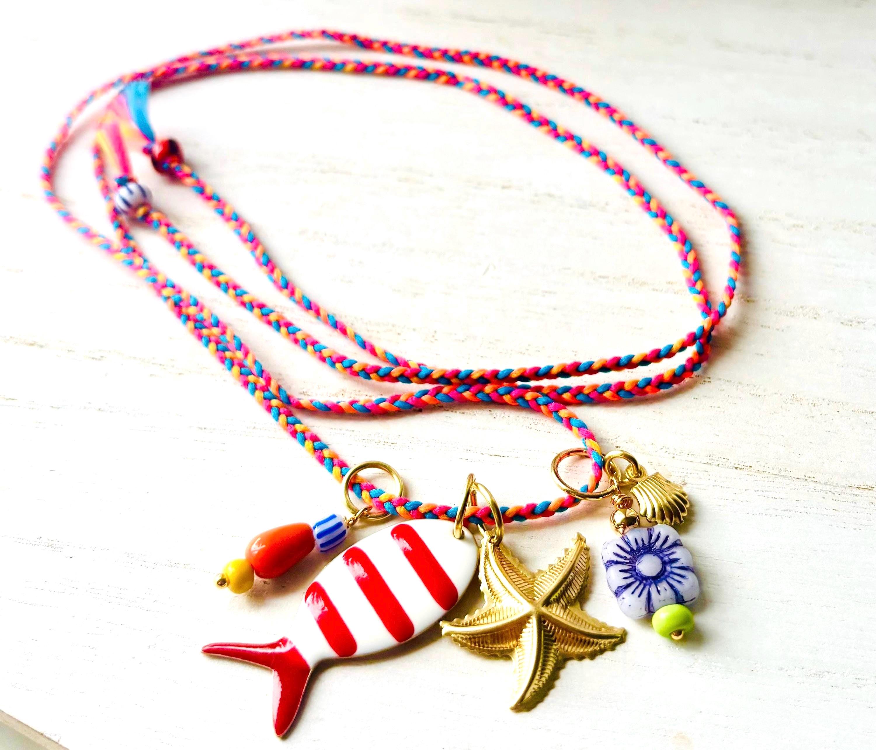 Enamel Fish Charm Necklace: Amalfi Coast Style, Braided Cord