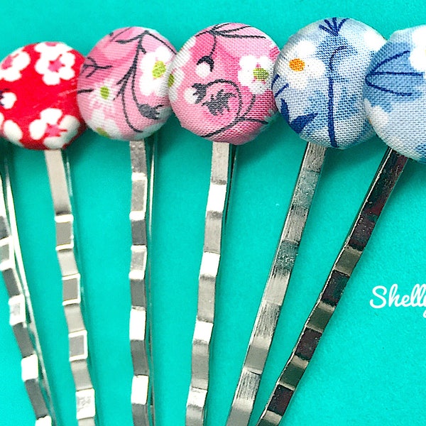 Liberty of London Button Hair Pins Flower, Silver, Fabric Button Bobby Pin Set, Hair Accessories