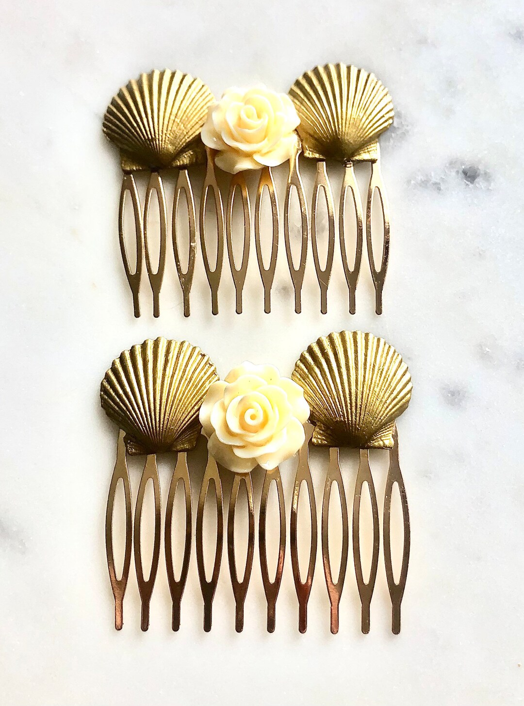 Seashell Comb Gilded Gold Seashell Hair Comb Set: Rose Flower, Beach Wedding - Etsy
