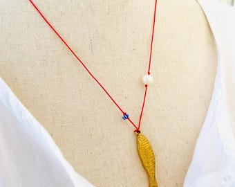 Gold Fish Charm Necklace: Red Cord, Pearl, Brass, Seed Beads