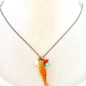Brass Fish Charm Necklace: Freshwater Pearl, Coral, Seed Beads, Coastal Boho Style