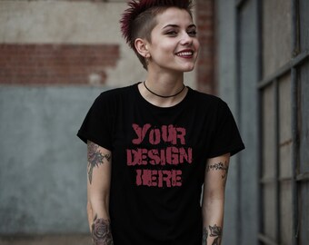 Mockup zwart Gildan-T-shirt: uniseks POD-punkstijl (digitale download)