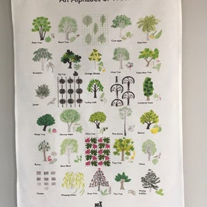 May include: A white tea towel featuring a colourful illustration of an alphabet of trees. Each tree is labelled with its name, such as "Ash Tree", "Beach Tree", and "Crab Apple". The text "An Alphabet of Trees" is at the top of the towel. The text "Box Room Press" is at the bottom of the towel.