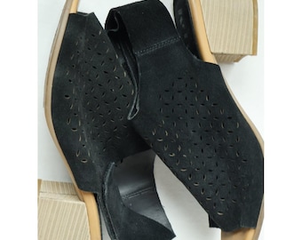 Korks Schuhe Damen 10 Schwarz Wildleder Offene Kappe Blockabsatz Sandalen Ausschnitt