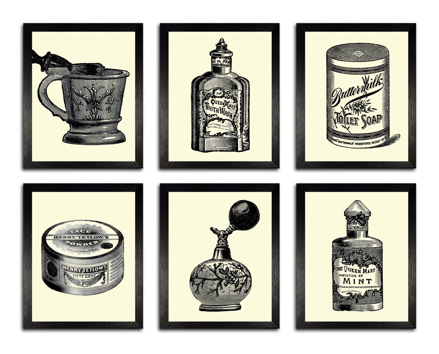 BATHROOM SET 6 Prints Vintage Bathroom Items Illustration Art Etsy