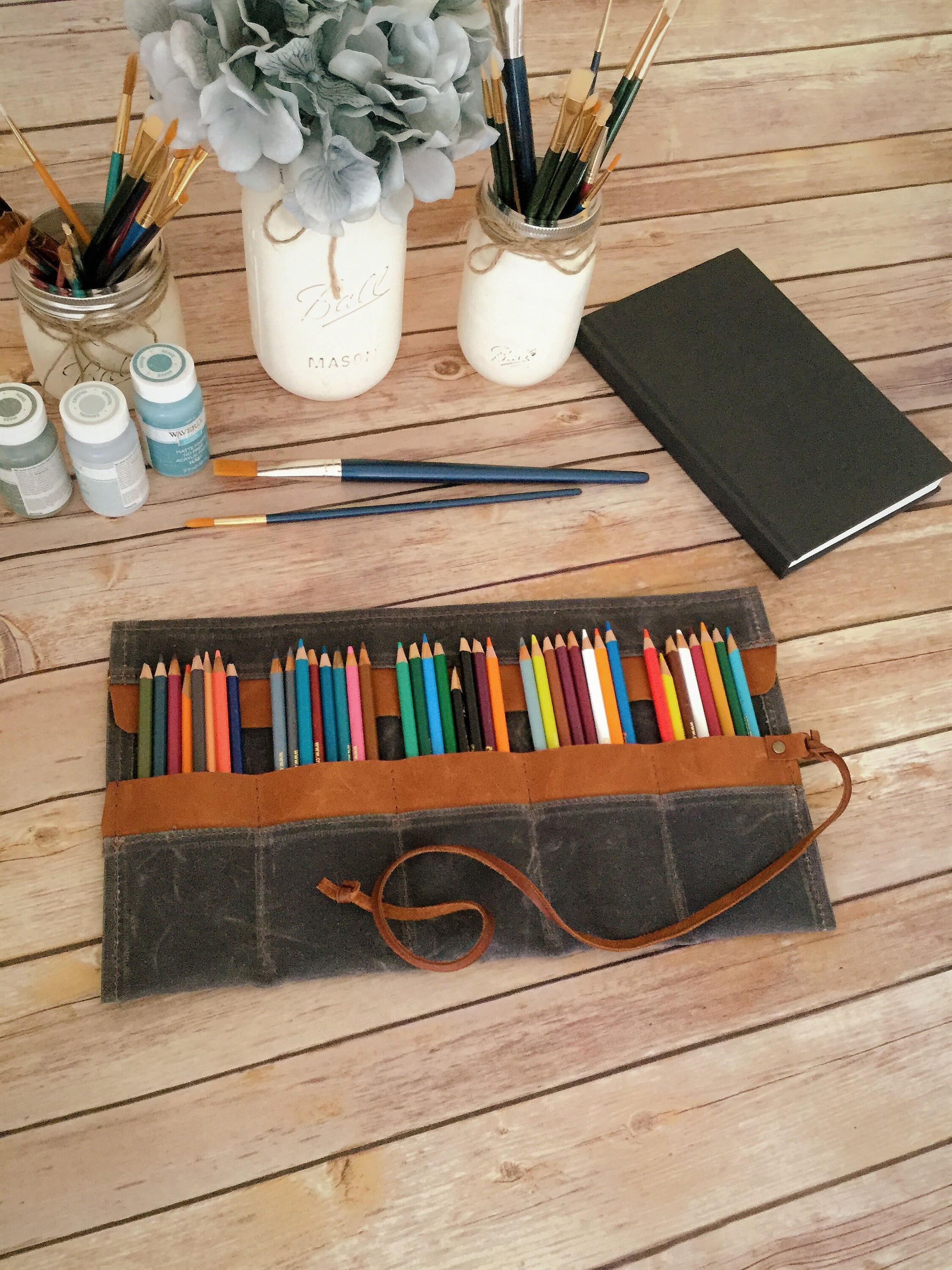 Waxed canvas personalized Pencil Roll, pencil case, Pencil Roll Up Case