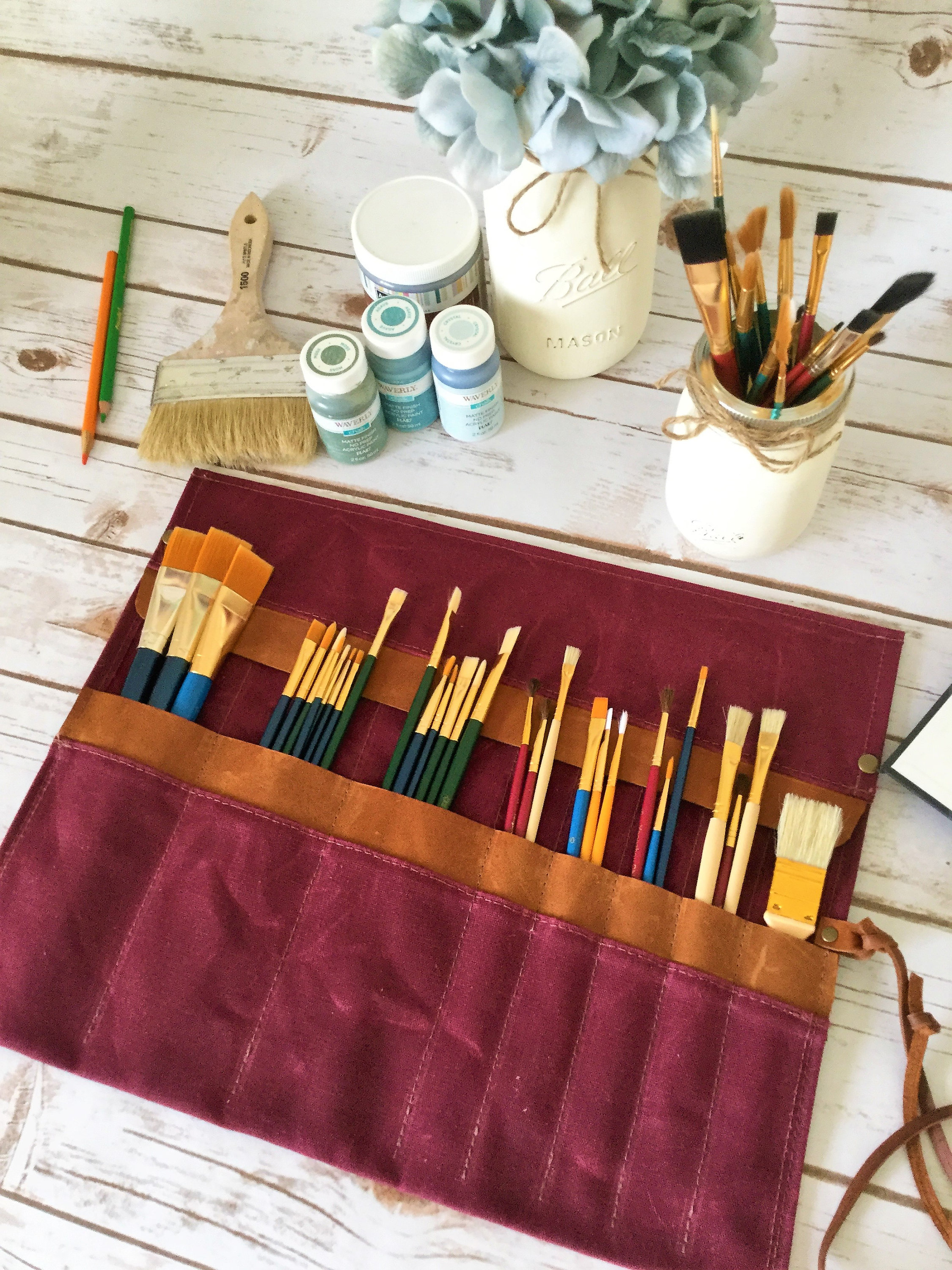 Waxed Canvas Paint Brush Roll, Artist Roll, Paint Brush Organizer