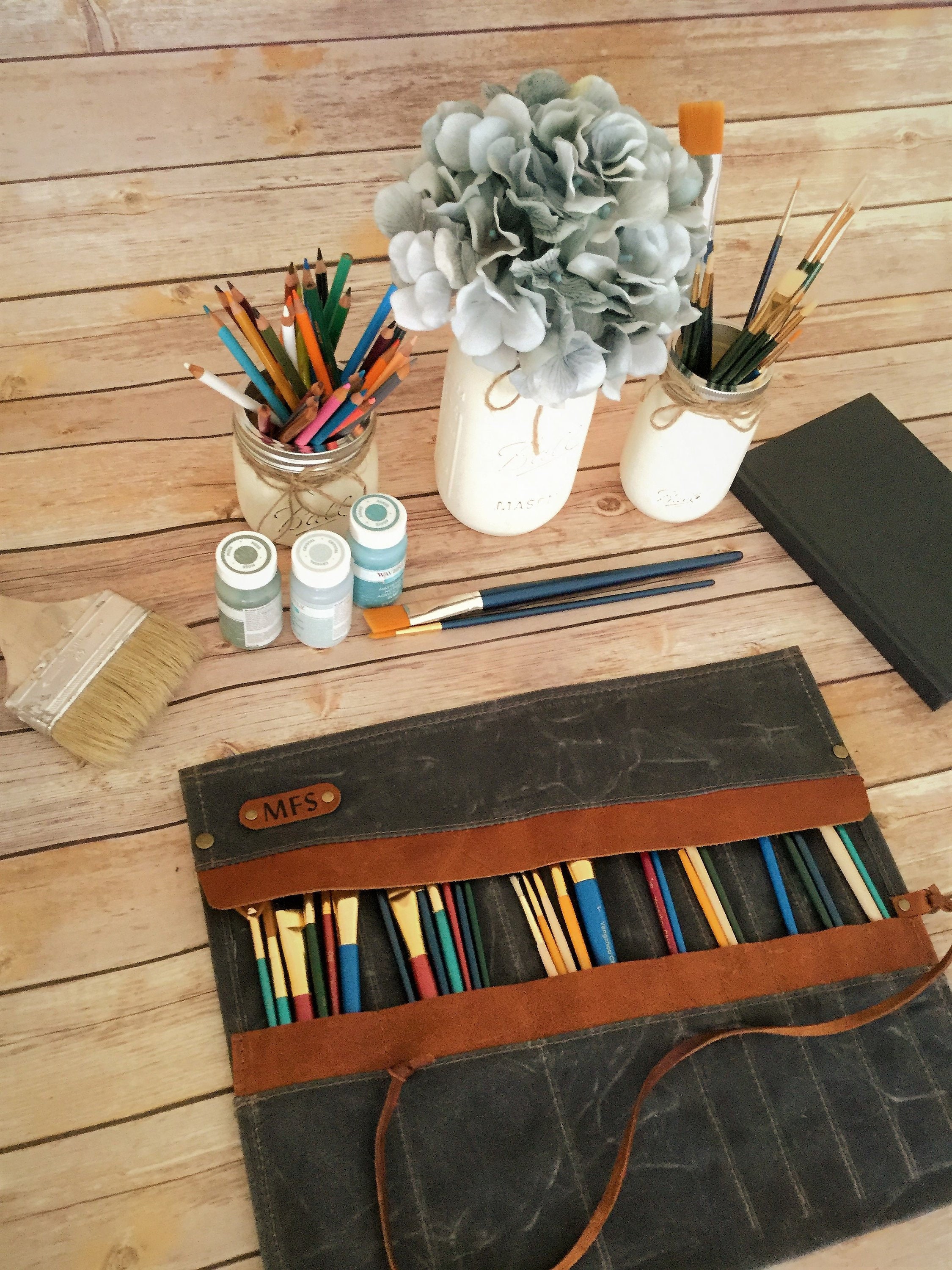 Waxed Canvas Paint Brush Roll, Artist Roll, Paint Brush Organizer