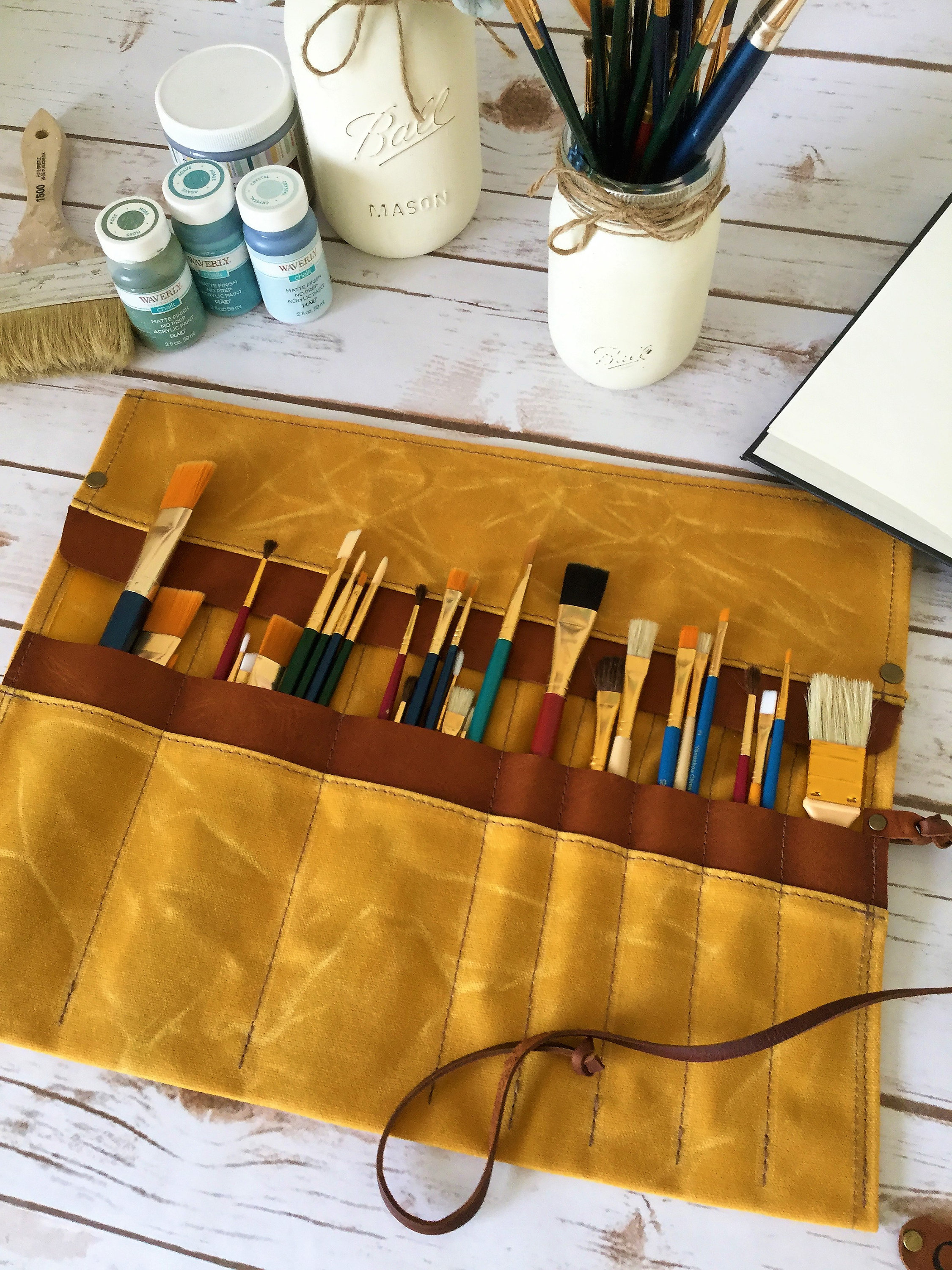 Waxed Canvas Paint Brush Roll, Artist Roll, Paint Brush Organizer
